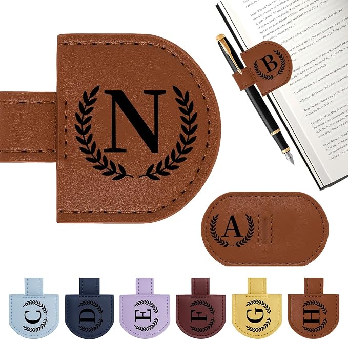 Personalized Magnetic Bookmark Pen Holder, Leather Book Marks for Reading Women& Men, Engraving 26 Letters Name Initial Bookmarks with Pencil Pen Holder, Gift for Book Lovers, Readers (Brown, N)