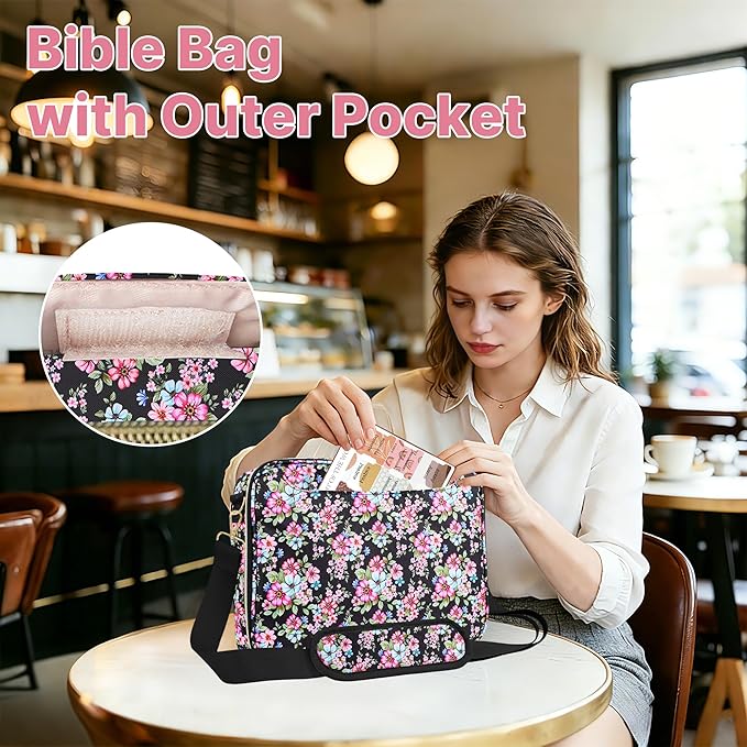 PUGPIU Bible Cover Case for Women, Large Quilted Bible Bag with Shoulder Strap and Handle, Bible Study Supplies Journaling Kit with Highlighters Pens No Bleed Tabs Notebook Cross Clips (Floral)