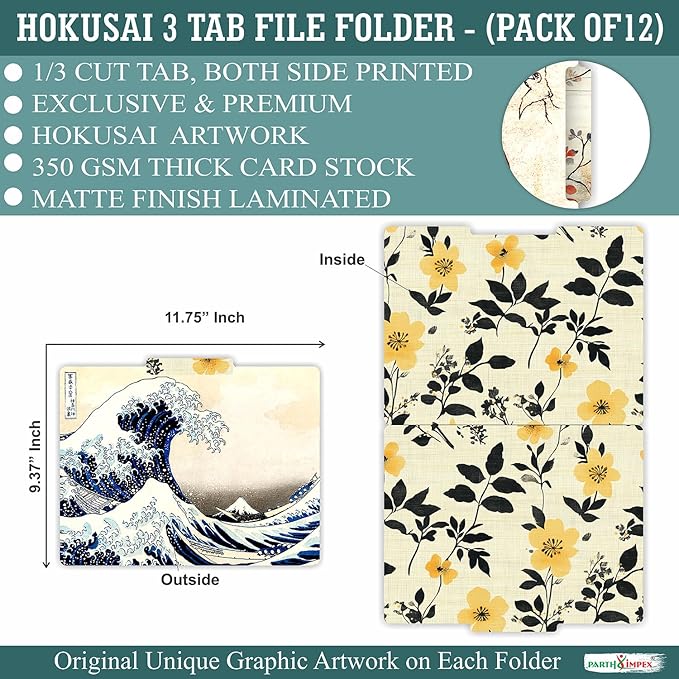 PARTH IMPEX 12 Pack Decorative Hokusai Floral File Folders, 1/3 Cut Tab with Assorted Positions, Letter Size Paper Holders (9.37” x 11.75”) Matte Finish Laminated, Cute Fancy Folder