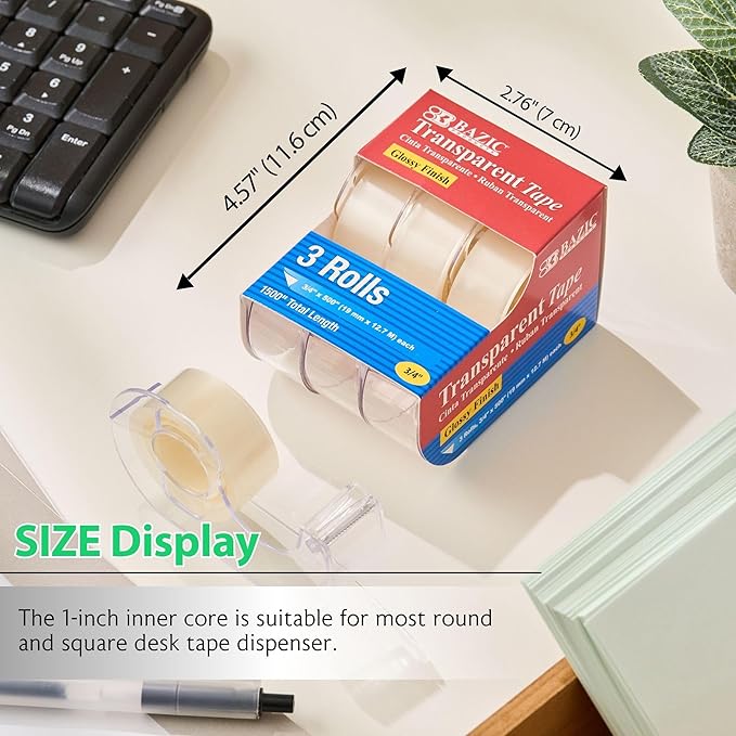 BAZIC PRODUCTS Transparent Tape, 3 Rolls, 0.75" x 500" Each