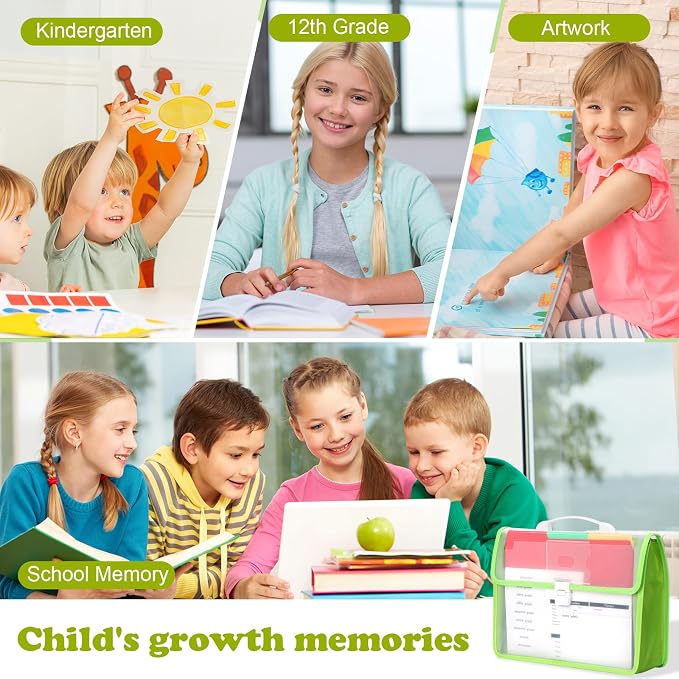 School Years Organizer Kit Clear Plastic Storage Tote with 20 Letter Size Colored Manila Folders 60 Reusable Sticker Labels School Memory Keepsake Box for Pre K to 12th Grade DIY Organization (Green)