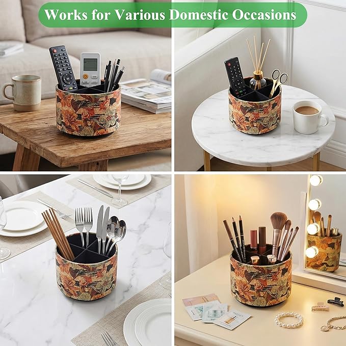Round Leather Art Supply Organizer,Remote Control Holder,360 Degree Spinning,Multi-Functional Pencil Holder,4 Compartments Desktop Stationary Organizer(1-Organizer Blue Flower)
