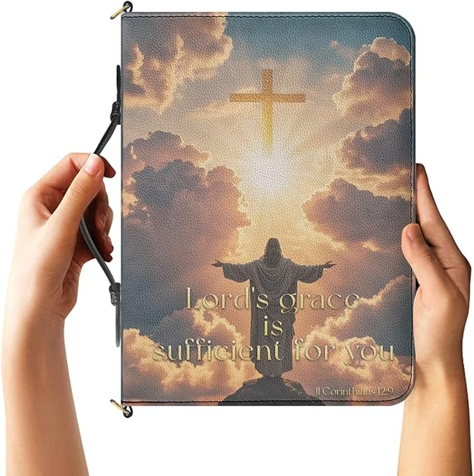 2XL Bible Cover for Men, PU Leather Bible Case with Strap and Handle, II Corinthians 12:9 Crucifix Print Book Organizer with Inner Pockets and Pen Loop, Biblia Accessories for Men, Gold