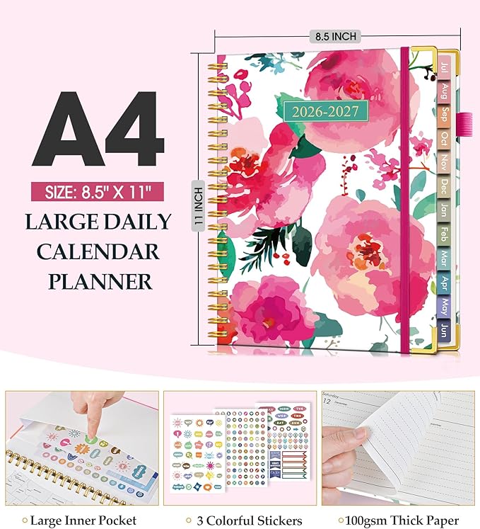 Academic Planner 2026-2027, Hardcover Leather Weekly and Monthly Calendar Planner from July 2026 - June 2027, A4 8.5" x 11" Daily Agenda with Tabs, College School Organizer for Student Teacher, Watercolor Blooms
