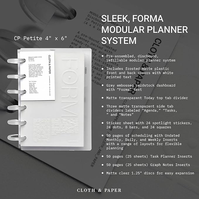 Cloth & Paper FORMA Modular Planner System – Premium Discbound CP Petite Undated Planner with Clear Discs, Covers, Dividers, Today Tab, Stickers & Inserts – Customizable Refillable Planning Organizer