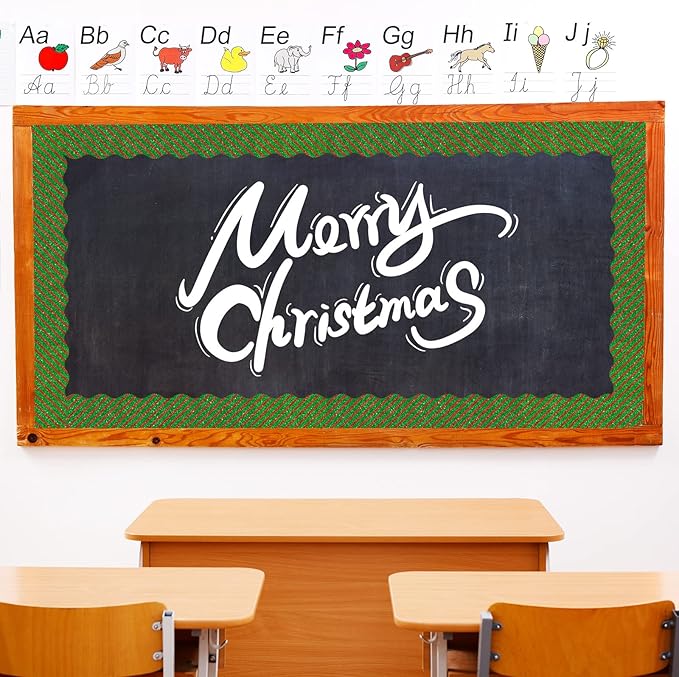 Whaline 69Ft Christmas Glitter Bulletin Board Borders 5 Designs Shine Stripe Dot Red Green Gold Merry Christmas Decoration Trim Bulletin Board Stickers for School Classroom Office Party Decoration