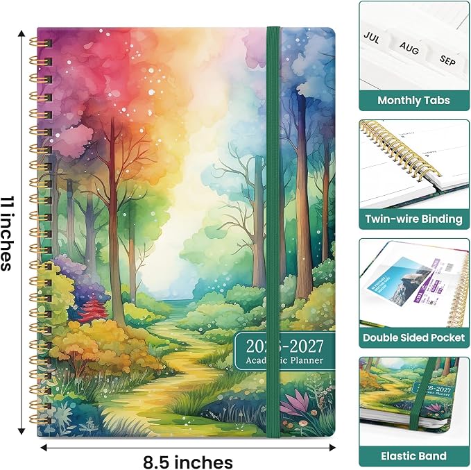 Planner 2026–2027, Weekly & Monthly Academic Organizer for School Year, Jul 2026–Jun 2027, Hardcover Planner with Tabs, Back to School Essential, 8.5" x 11", Mystic Forest