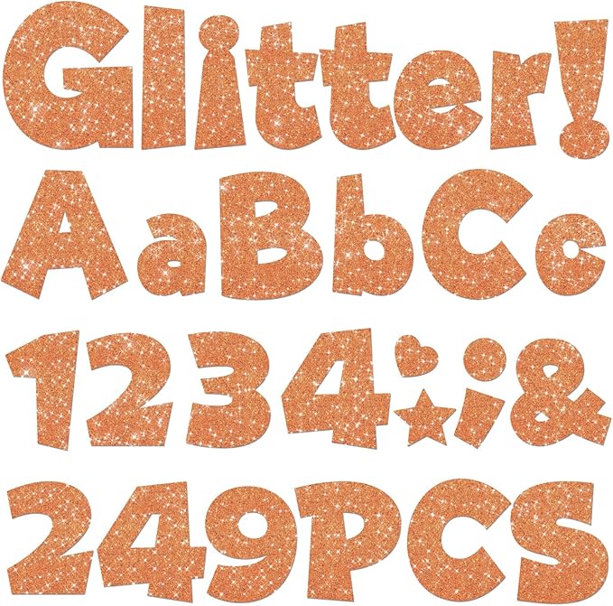 249 Pcs Glitter Bulletin Board Letters Numbers and Punctuation, 4 Inch Alphabet Poster Board Cardboard Letter Cutouts with Adhesive Dots for Classroom Bulletin Board School Decorations (Orange)