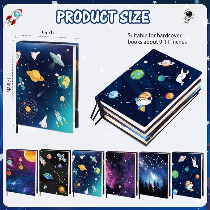 Gilprop 6 Pack Jumbo Stretchable Book Covers, Colorful Covers for Textbook Protection and Care, Washable Reusable Protective for Paperbacks Hardcover Books(Space,Black,9-11inch)