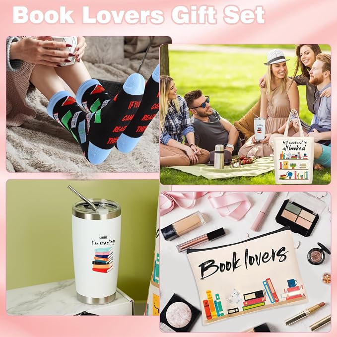 Kolewo4ever 11 Pieces Book Lovers Gifts Box Set Insulated Tumbler,Tote Bag,Makeup Bag,Socks,Keychain,Bookmark,Flipper