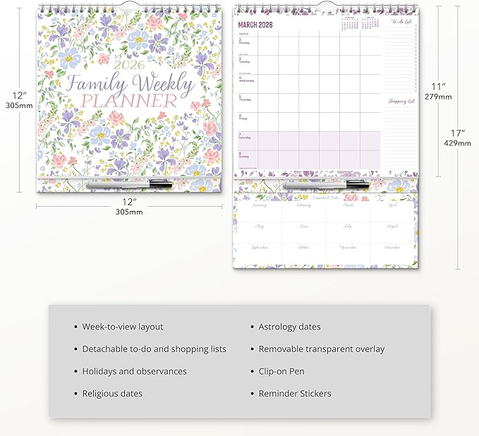 Red Robin 2026 Weekly Family Planner | Includes Pen & Stickers | 12" x 24" Open | Premium Thick & Sturdy Paper | Hangable 12 Month Calendar | Lined Notes & To Do Area | Plastic Free