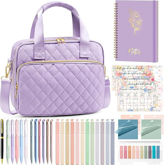 Bible Cover Case for Women, Large Bible Bag Bible Study Supplies Accessories Journaling Kit with Highlighters Tabs, Quilted Book Carrying Cases with Shoulder Strap, Christian Easter Gifts for Women