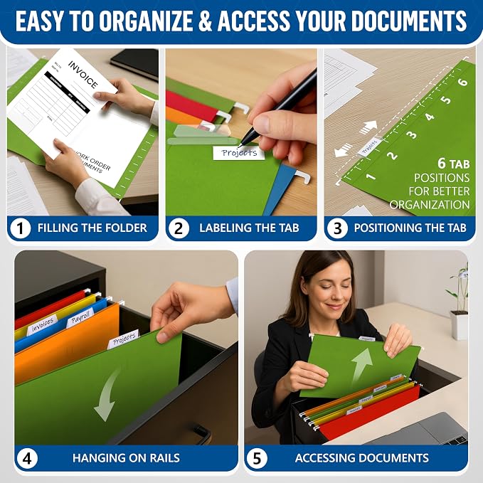 30 Pack Hanging File Folders Legal Size 8.5x14 - Colored Hanging Folders for Filing Cabinet with 1/5-Cut Adjustable Tabs Files for Filing Cabinet Organizer File Hangers for File Cabinets with Hooks