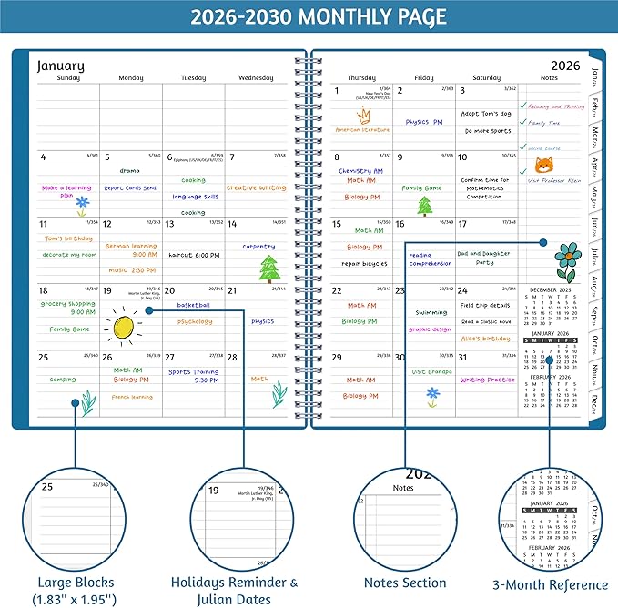 Monthly Planner 2026-2030, 5-Year Calendar Planner 2026-2030, Jan 2026 – Dec 2030, 8.5 x 11 In, Ruled Spread, Flexible Cover, Spiral Wirebound, Pocket, 60 Coated Monthly Tabs, Notes ＆ Habit Tracker, A4 Planner, Green