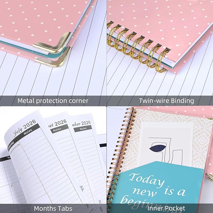 2026 Monthly Planner, Jan.2026 - Dec.2026 Weekly Planner 6.25"x8.5" with Page Tabs, Calendar Hardcover with Inner Pocket, Elastic Band, Twin-Wire Binding, Bookmark, White Pink Polka Dots