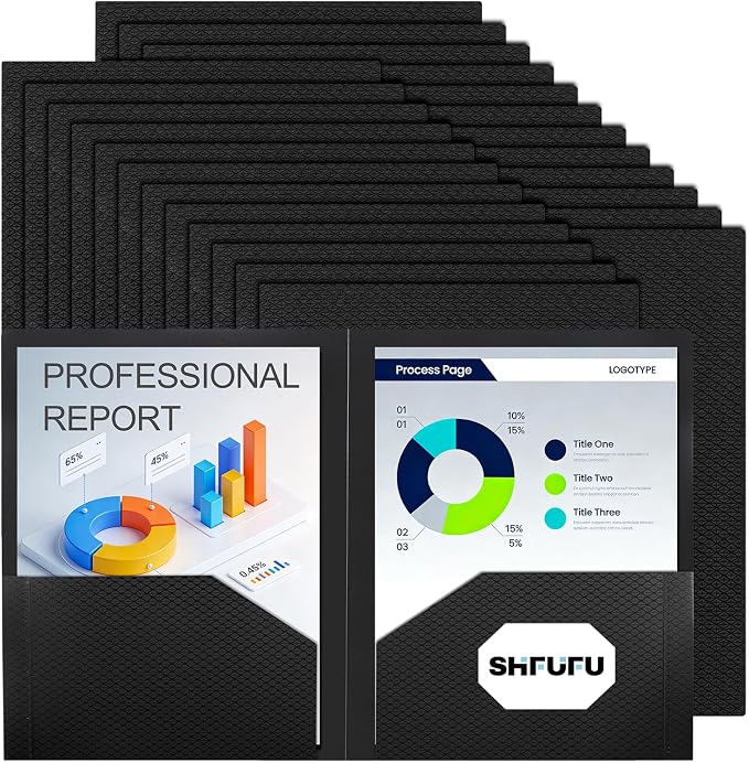 Textured 2 Pocket Plastic Folders, Durable Letter Size File Folders with Business Card Slot, Heavy Duty Plastic Folders for School Office (24 Pack, Black)