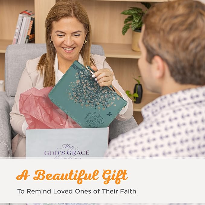 Christian Art Gifts Fashion Vegan Leather Bible Cover for Women: Be Still & Know Inspirational Bible Verse, Teal Floral, Medium