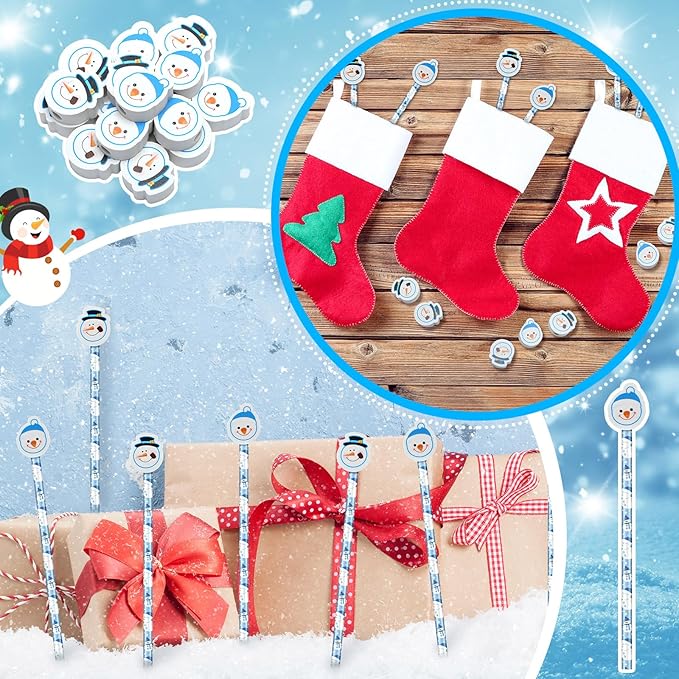 32 Pcs Snowman Pencils with Erasers, 16 Winter Snowman Pencils Bulk 16 Erasers Christmas Stationery Supplies for Xmas Classrooms Exchange Reward Prizes Home Office School Supplies