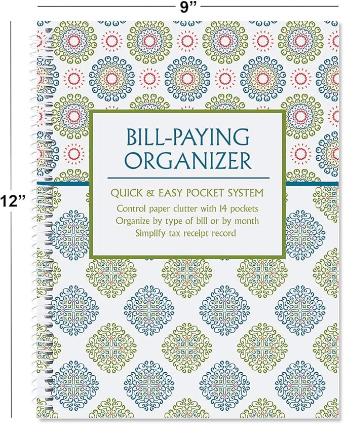 Current Fresh Patterns Bill Paying Organizer Book - 9" x 12” Personal Account Book, Spiral Bound, 14 Storage Pockets, 32 Label Stickers, Monthly Finance & Payment Management Tracker for Home & Office
