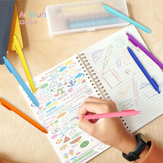 Actsun Colored Gel Pens, 12 Pcs Retractable Pastel Ink Colors, Cute Pens 0.7mm Fine Point Quick Drying for Writing Drawing Journaling Note Taking School Office Home