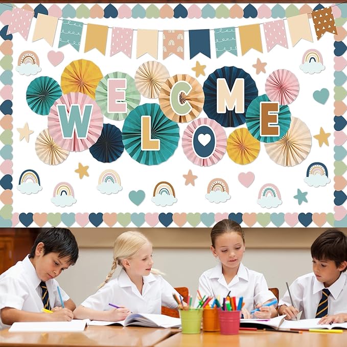 Boho Welcome Bulletin Board Sets 3D Rainbow Welcome Back Classroom Craft Decorations Boho Paper Fans Cutouts Board for Kindergarten Elementary Middle School Back to School Chalkboard Wall Decor