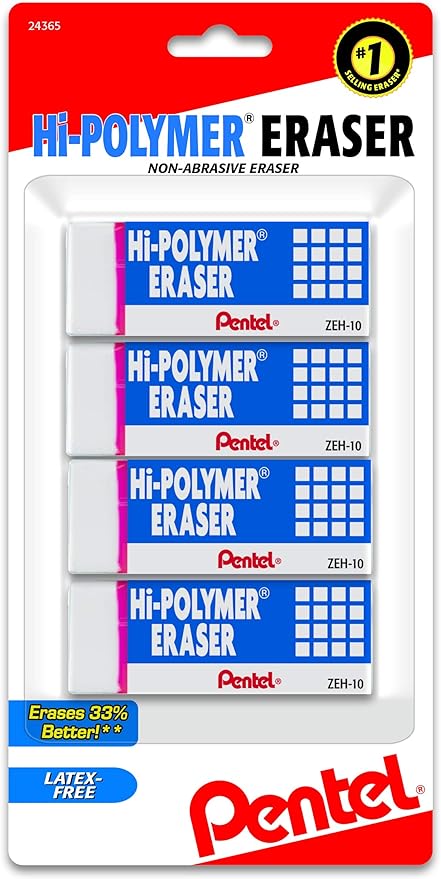 Pentel Hi-Polymer Block Eraser, Large, White, Pack of 4 (ZEH10BP4)