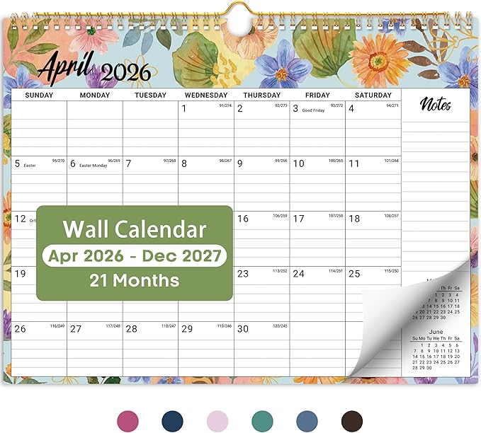 Calendar 2026-2027, Monthly Wall Calendar from April 2026 to December 2027, 11.5" x 14.7", Spiral Binding Hanging Wall Calendar, Perfect for Home or Office,Botanic Whimsy