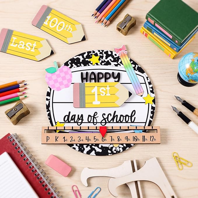 Kosiz First and Last Day of School Sign with Back to School Board Gifts Wooden First Day Sign Reusable Dry Erase 8''(Composition Notebook)