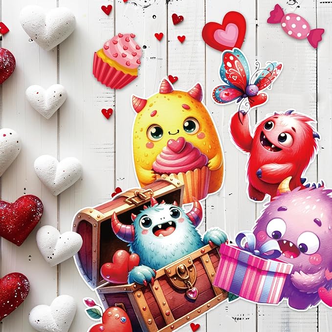 Fancy Land Valentine's Day Monster Bulletin Board Set for Classroom Decorations Valentine Monster Heart Cutouts for School Chalkboard Home Office Party Wall Door Decor Supplies 98Pcs
