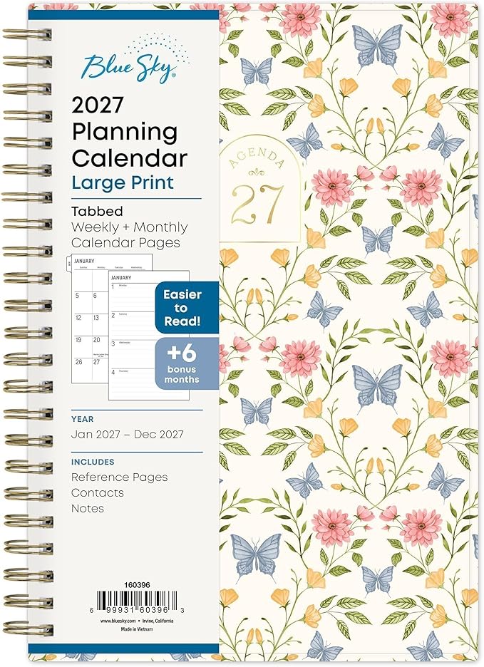 Blue Sky 2027 Weekly and Monthly Large Print Planner Calendar, January 2027 - December 2027, 5" x 8", Flexible Cover, Laminated Tabs, Durable Twin Wire Binding, Moyer