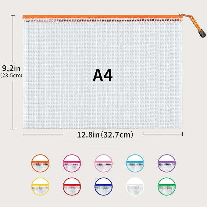 JARLINK A4 Letter Size 56 Pack 10 Colors Zipper Mesh Document Pouch, Mesh Bags for Board Games & Puzzles, Waterproof Document Zipper Pouches for Office School Supplies, Toys, Cosmetics Travel Storage