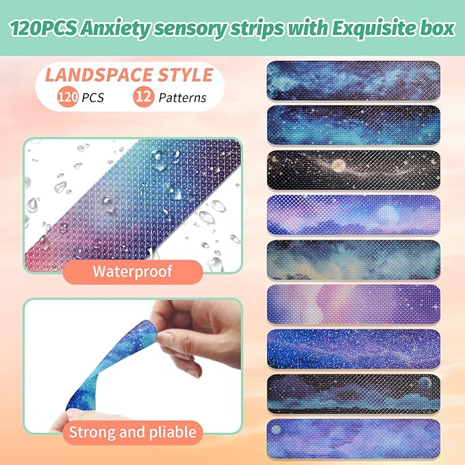 120 Pieces Anxiety Sensory Stickers with 2 Textured Stickers - Desk Fidget and Calming Sticker with Storage Box for Adults & Teens - Anxiety Relief Sensory Strips (Galaxy)