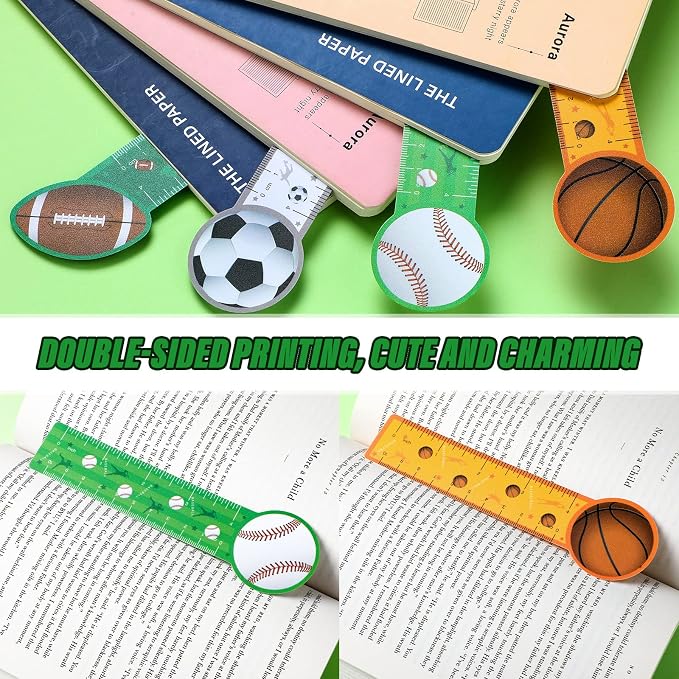 Teling 48 Pcs Cute Sports Bookmark Rulers Back to School Bulk Sport Themed Reading Ruler Birthday Party Favor Gift for Kids Student Teens Baseball Soccer Basketball Football Classroom Prize Supplies