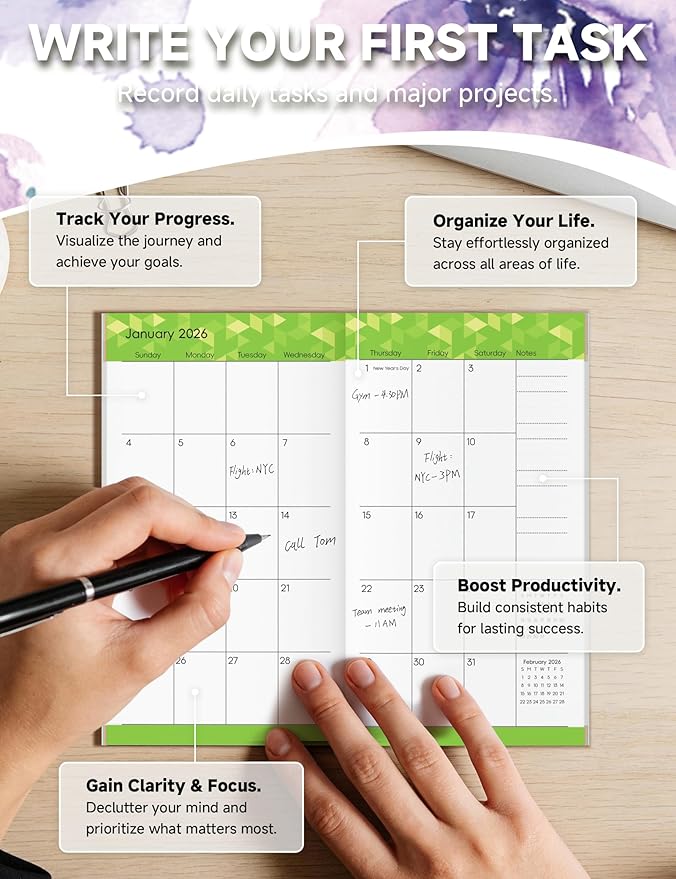 Pocket Calendar 2026-2028 Floral Series, Monthly Planner Jan 2026 to Jul 2028 (3.7" x 6.7") Perfect Purse Calendar, Pocket Agenda with Protective Plastic Sleeve-Violet Floral