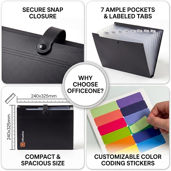 OfficeOne 8-Pocket Expanding File Folder, A4 Letter Size Accordion Document Organizer with Snap Closure, Labeled Tabs & Customizable Color-Coding Stickers, Home Office School (Jet Black)