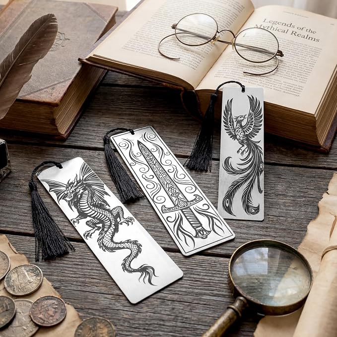 Resurhang Set of 3 Stainless Steel Bookmarks 5.9 x 1.6 Inches Featuring Dragon Phoenix and Sword Fantasy Metal Bookmark Book Accessories for Men Women Friends Book Lovers Birthday Graduation Gift