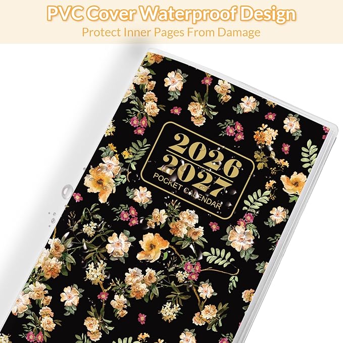 Pocket Calendar 2026-2027, Monthly Purse Planner - 6.7" x 3.7" - Runs from January 2026 Until December 2027, Pocket Calendar with PVC Cover for Planning, Organizing and Office - Black Flower