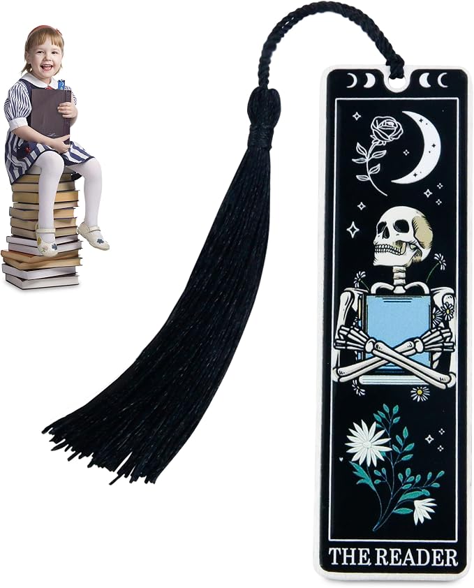 Skeleton Tarot Metal Bookmark with Tassels – Funny Gothic Horror Bookmarks, Unique Skull Tarot Card Bookmark for Book Lovers – Perfect Gift for Women, Men, Teens on Christmas (Black)