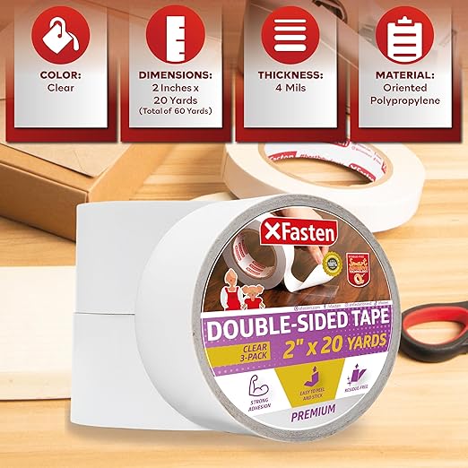 XFasten Removable Double Sided Tape Clear 2 inch x 20 Yards (Pack of 3, 180 Feet Total) Transparent Residue-Free Clear Double Sided Tape Heavy Duty for Crafts, Wall, Fabric, Dress, and Carpet