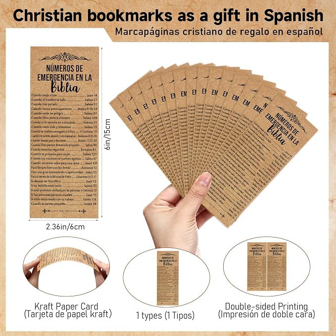 Motiskyy 100 Pcs Spanish Bible Emergency Numbers Bookmark Christian Church Gift 6 x 2.36 Inches Religious Bookmarks for Daily Encouragement Church Favor Welcome Sunday School Teacher(Brown)