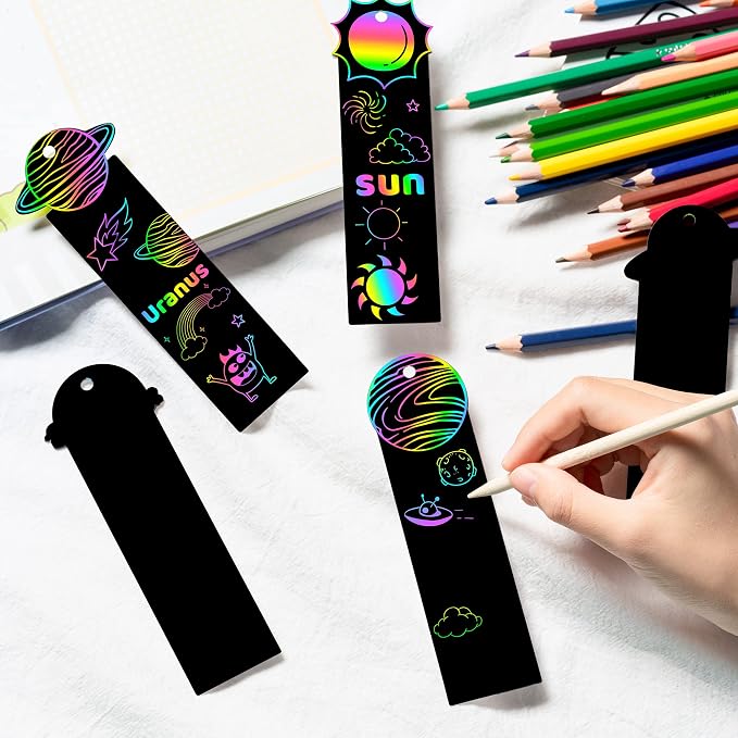 CY2SIDE 72PCS Solar System 9 Planets Scratch Bookmarks for Kids, Outer Space Theme Scratch Card Craft Kits, Galaxy Star Magic Art Rainbow Color Craft Kit for School Party Favors