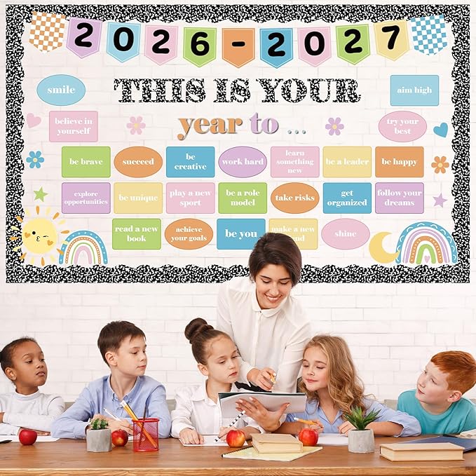 Composition Notebook Bulletin Board Set Motivational This is Your Year Decoration Pastel Inspirational Paper Cutouts for Welcome Back First Day of School Classroom Chalkboard Wall Door Decor Supplies