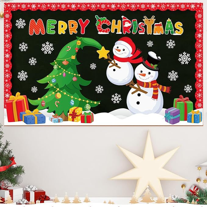 Funrous Christmas Bulletin Board Decoration Set Xmas Tree Classroom Decor Snowman Santa Claus Gnome Snowflake Cutout Winter Border Trim for Xmas Holiday Office Wall Door Supplies (Merry Christmas)