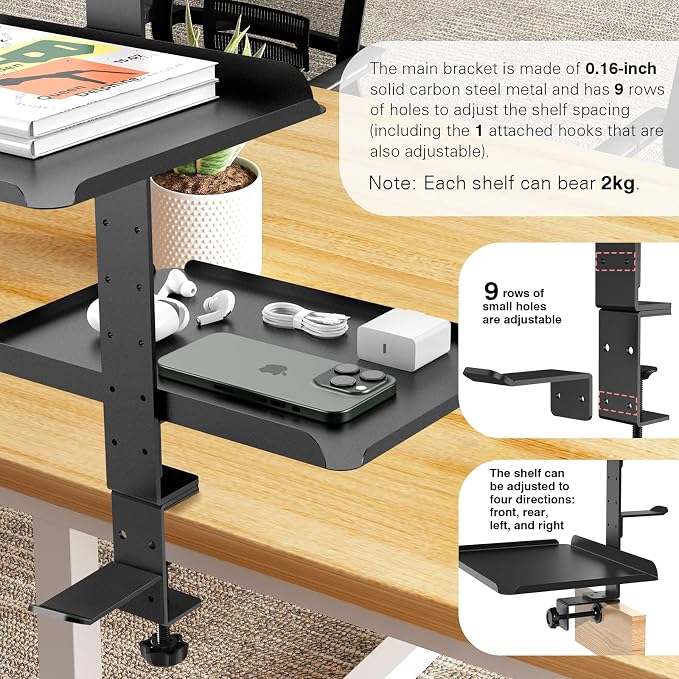3 Tier Clamp On Desk Shelf - Over Or Under Table Clamp,with Adjustable Metal Storage Tray Headphone Stand with No Drill Installation, for Home Office, Gaming Devices,Storage Tray,and More