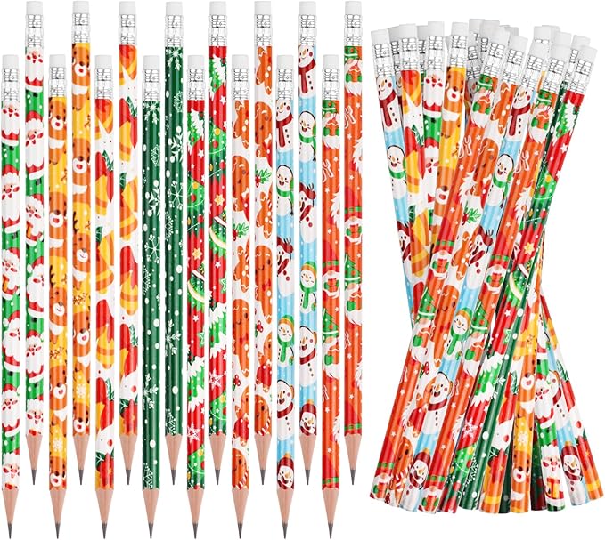 SULOLI Christmas Pencils with Eraser, 32pcs Xmas Themed Pencil with Santa Claus, Elk, Christmas Tree and Snowflake for Kids Christmas Party Supplies(8 Styles)