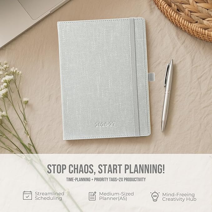 Planner 2026-2027 Weekly & Monthly Planner, 18 Month Academic Calendar July 2026 – Dec 2027, Horizontal Layout with Monthly Tabs, Textured Fabric Hardcover, Silver
