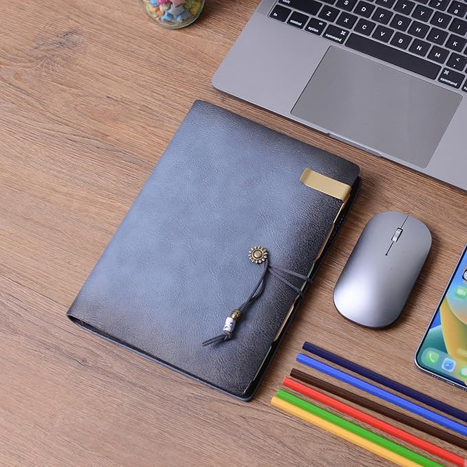 Wonderpool Leather Journal Lined Paper Notebook & Pen - Refillable 6 Ring Binder Writing Spiral Diary with Ruled Notepads Vintage Cover for Office Travel Work and Plan Agenda (A5, a-Mist blue)