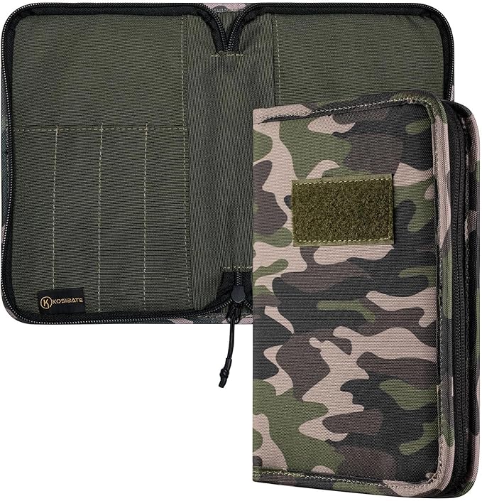 Kosibate Tactical Notebook Cover with Zipper,7.5x5 Inch OCP Military Notebook Cover, Detachable Army Field Tactical Portfolio Organizer with Flag Patch,for Protecting Notes,Book(Camogreen, Cover Only)