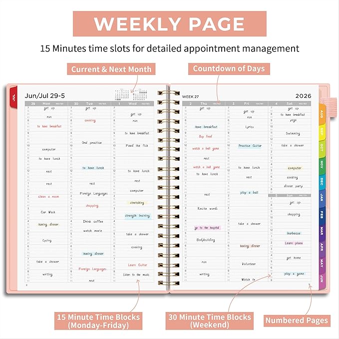 EMSHOI 2026-2027 Appointment Book, A4 15-Minute Hourly Planner, July 2026 - June 2027, Academic Planner Weekly and Monthly, 100GSM Thick Paper, Flexible Cover, Note Pages, Colorful Tabs, Pink