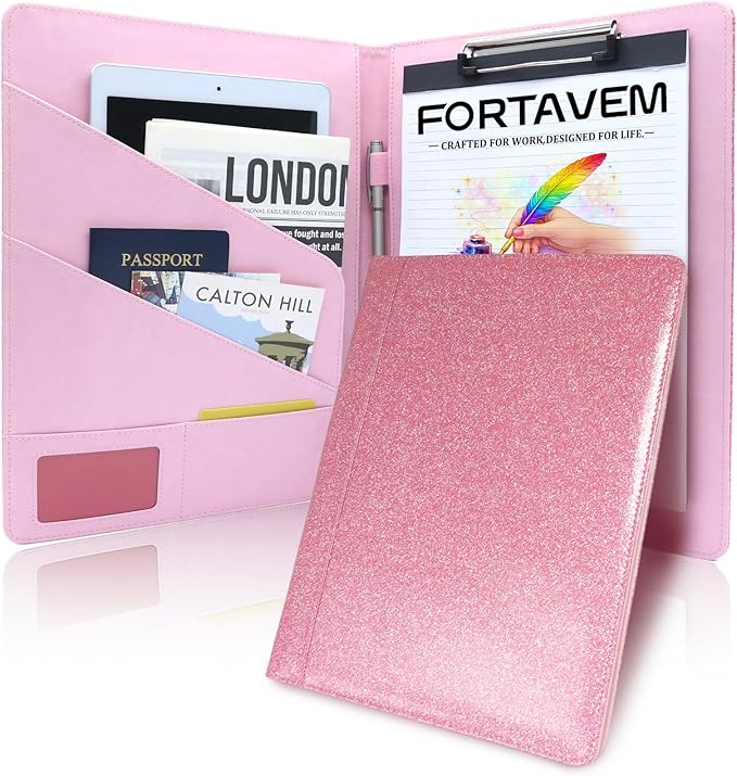 Professional Portfolio Binder, Faux Leather Padfolio for Resume, Note-Taking & Meetings, A4 Letter Writing Pad Holder for Women & Men, Pink